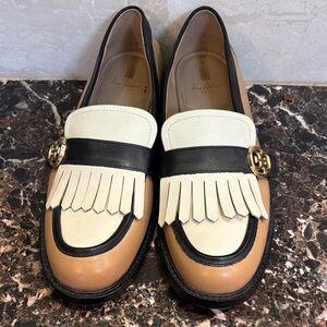 Sam Edelman Tan and Black Fringe Loafers